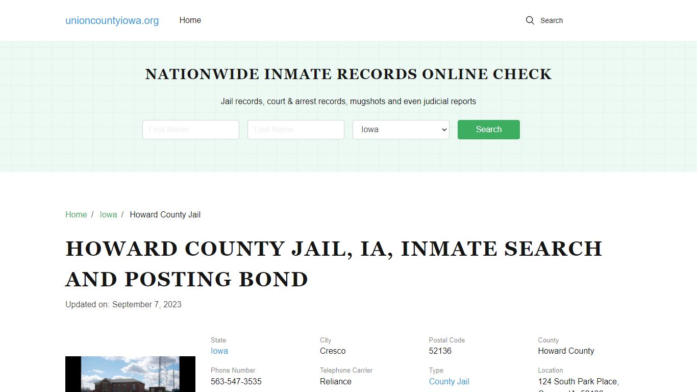 Howard County Jail, IA, Inmate Search, Visitations - Union County, Iowa